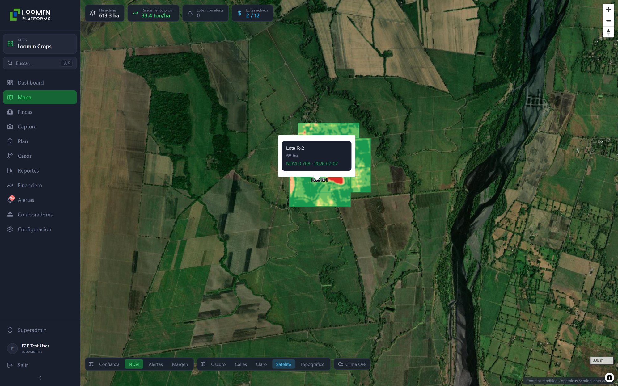 Mapa de Loomin con capa NDVI de Sentinel-2 sobre lotes reales